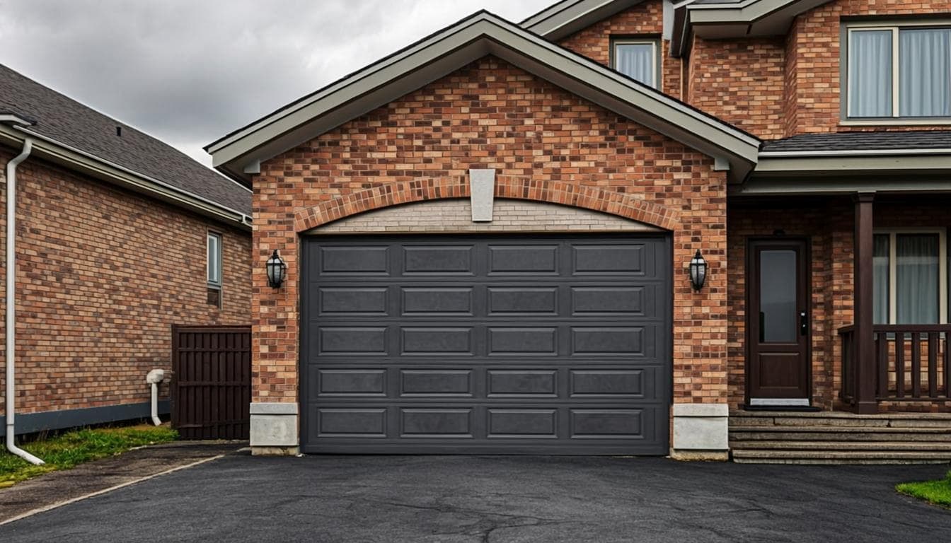 The same garage door after repair — straight, aligned, with new springs and cables