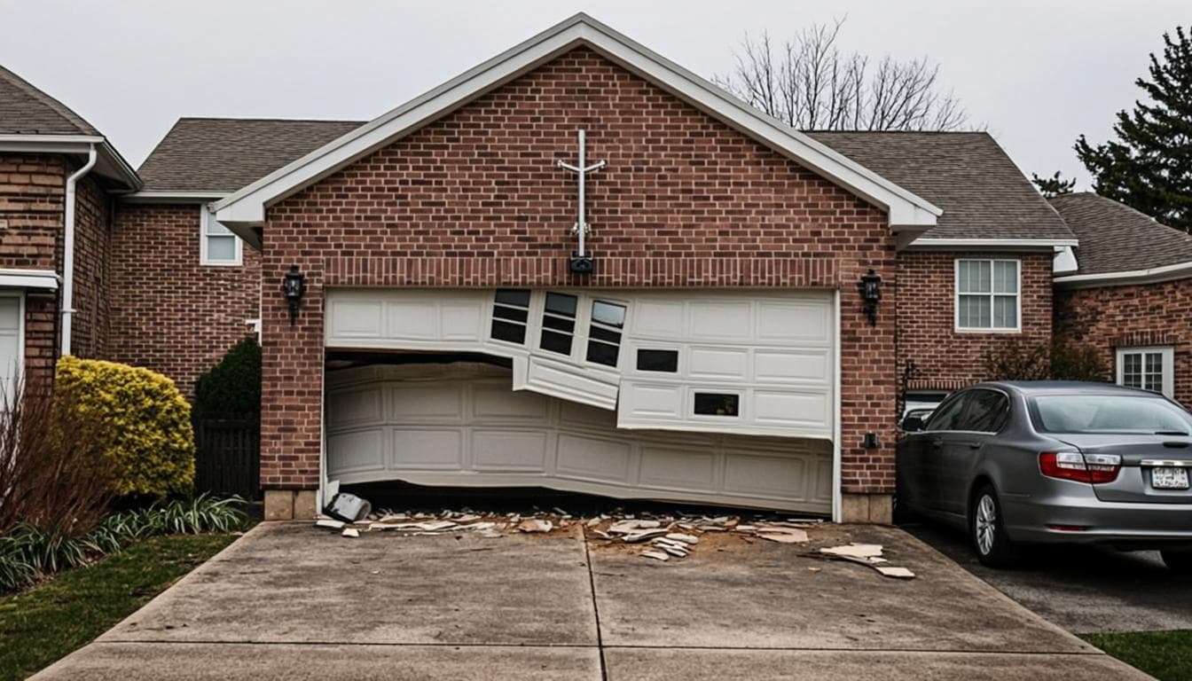 Garage door hanging crooked with a snapped torsion spring and slack cables before repair