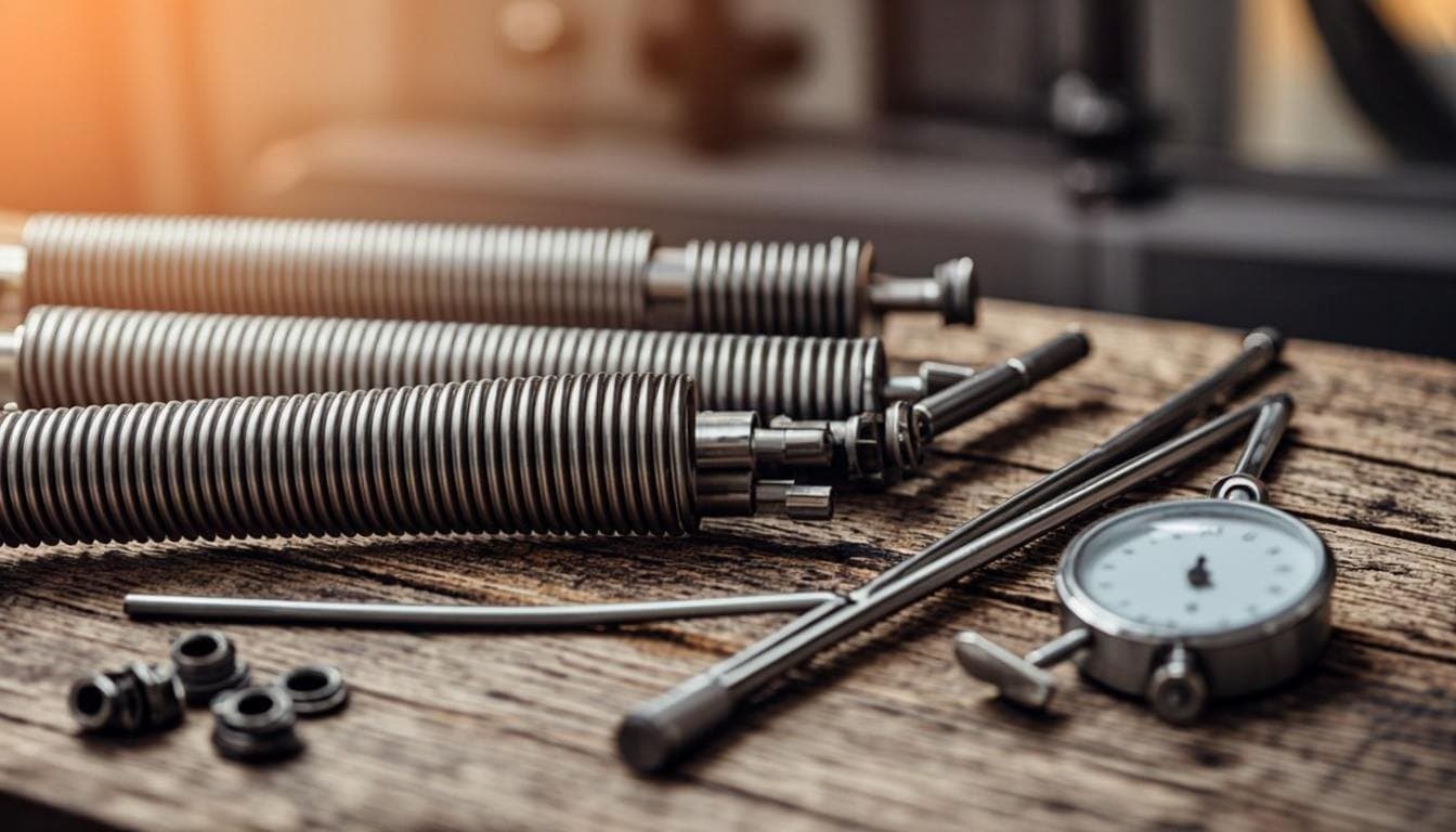 New cycle-rated torsion springs laid out on a technician's workbench beside winding bars and a torque gauge