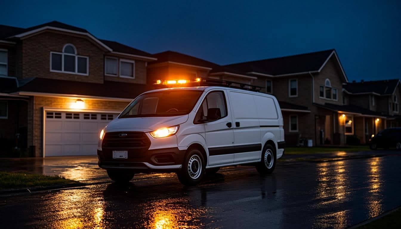 Overhead door technician responding to an after-hours commercial service call in Toronto