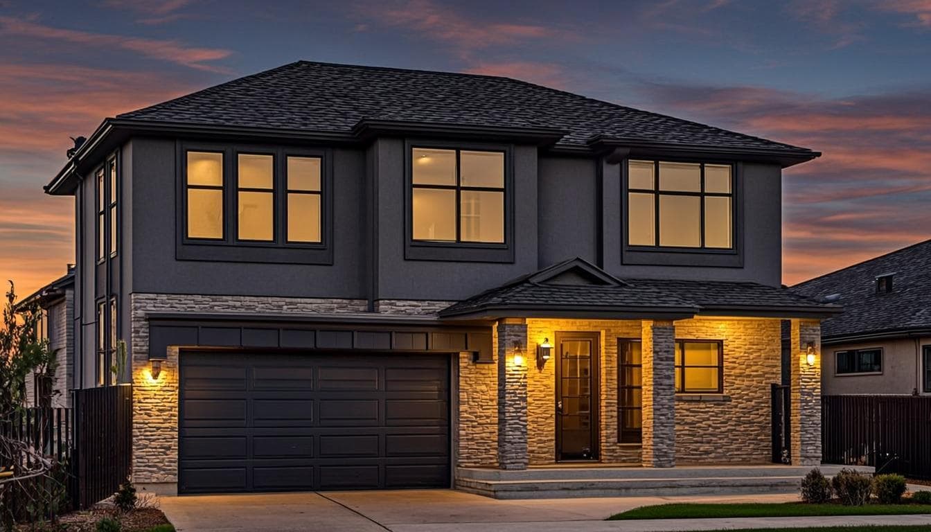 Modern Toronto home at dusk with a newly installed charcoal garage door