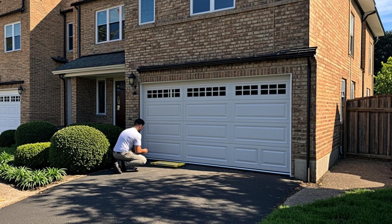 Newly installed modern garage door on a brick Toronto home