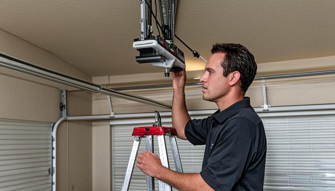 Technician installing a belt-drive garage door opener unit