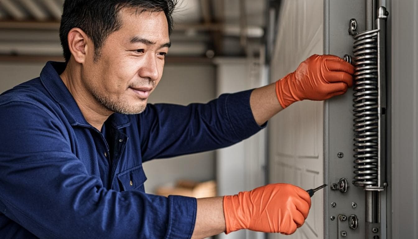 Technician replacing a torsion spring on a residential garage door