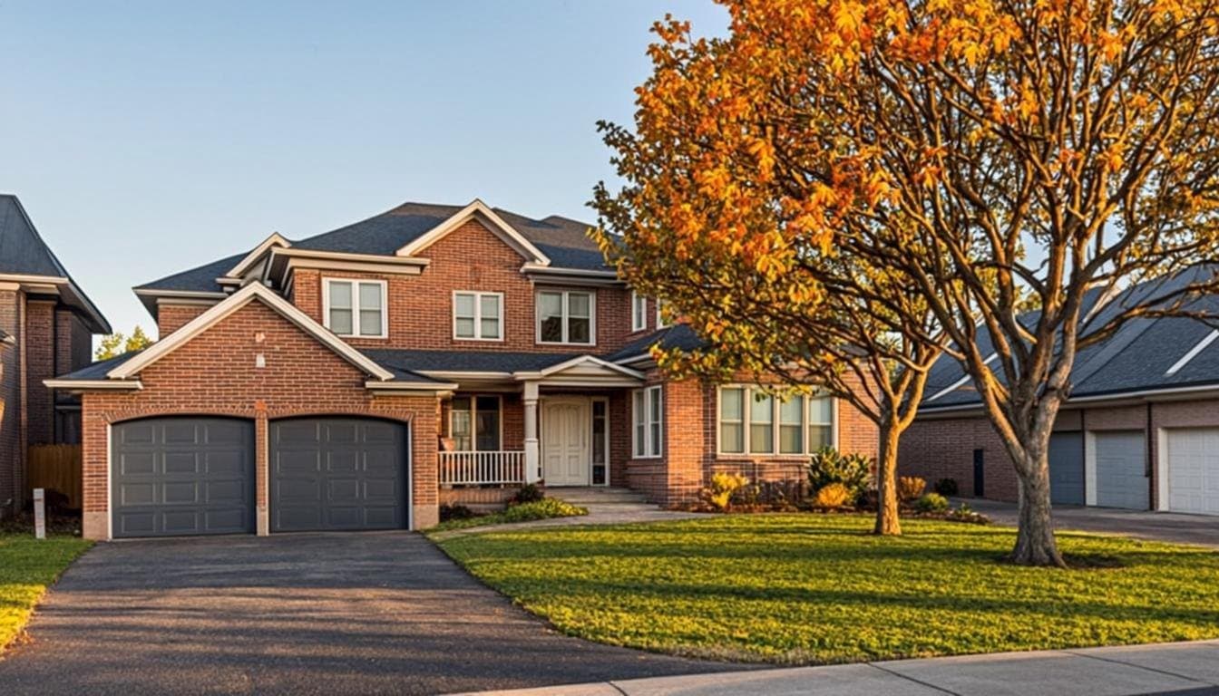 Suburban Mississauga detached home at golden hour with a new charcoal garage door