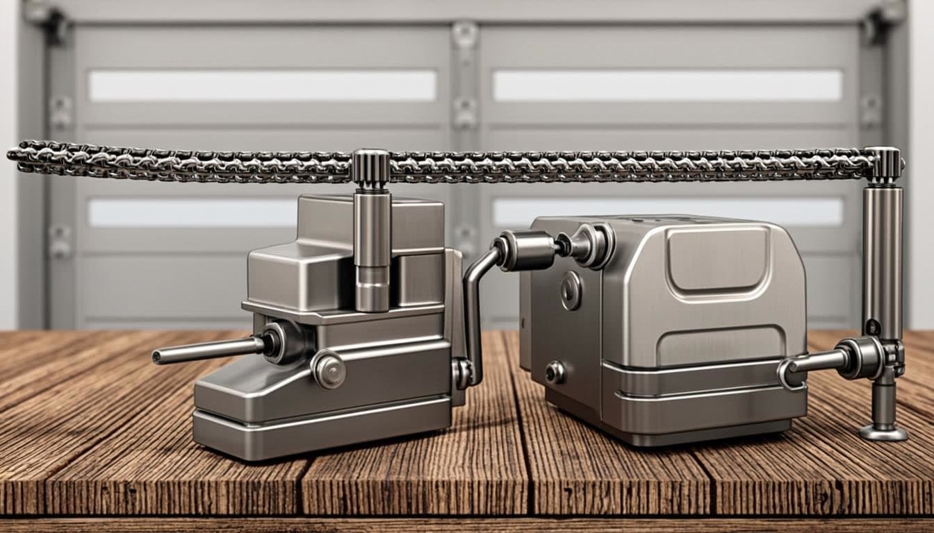 Chain-drive and belt-drive garage door openers side by side on a technician's workbench with rails and remotes