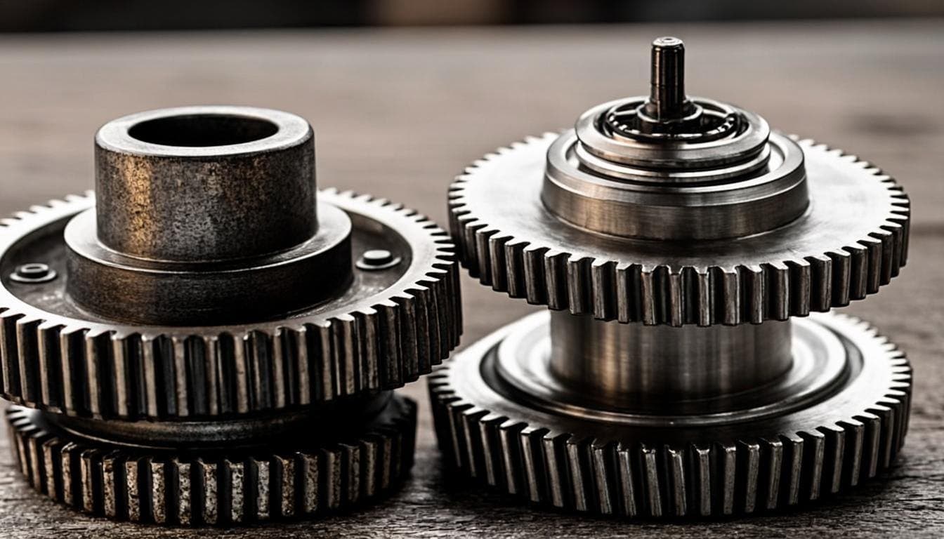 A stripped white nylon garage door opener drive gear next to a replacement gear-and-sprocket kit