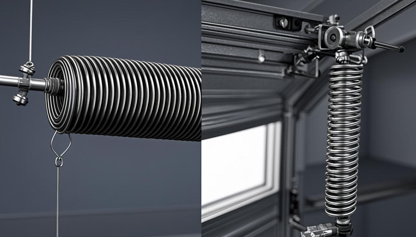 Side-by-side comparison of a torsion spring on a shaft above a garage door and an extension spring stretched beside a door track
