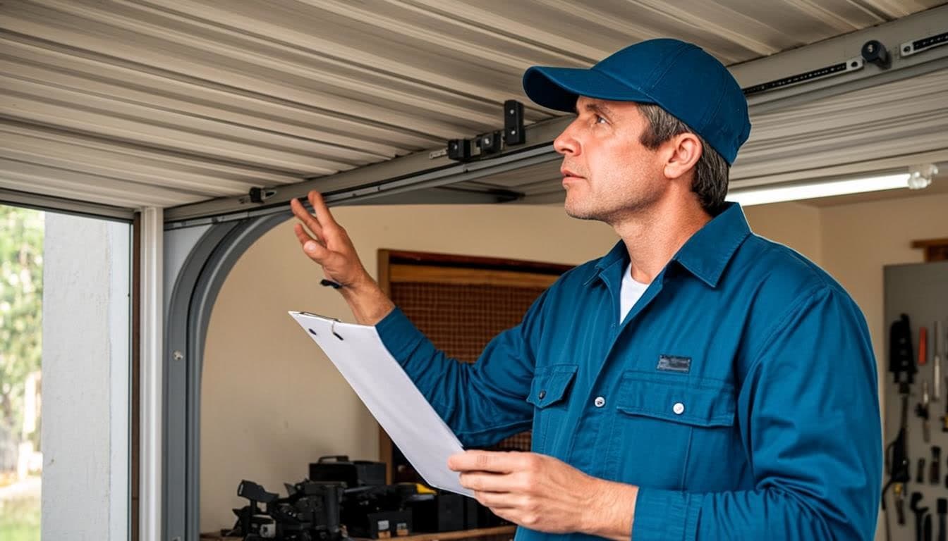Garage door technician lubricating rollers and inspecting hinges during an annual maintenance visit in Toronto