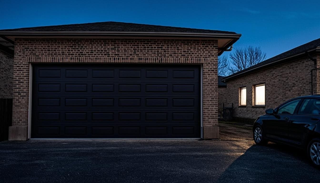 A closed charcoal garage door on a brick Toronto bungalow at dusk, with a hand pointing a remote from the driveway