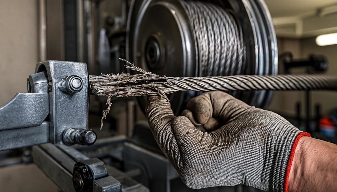 Frayed garage door lift cable beside a new galvanised replacement cable, close-up on a technician's workbench