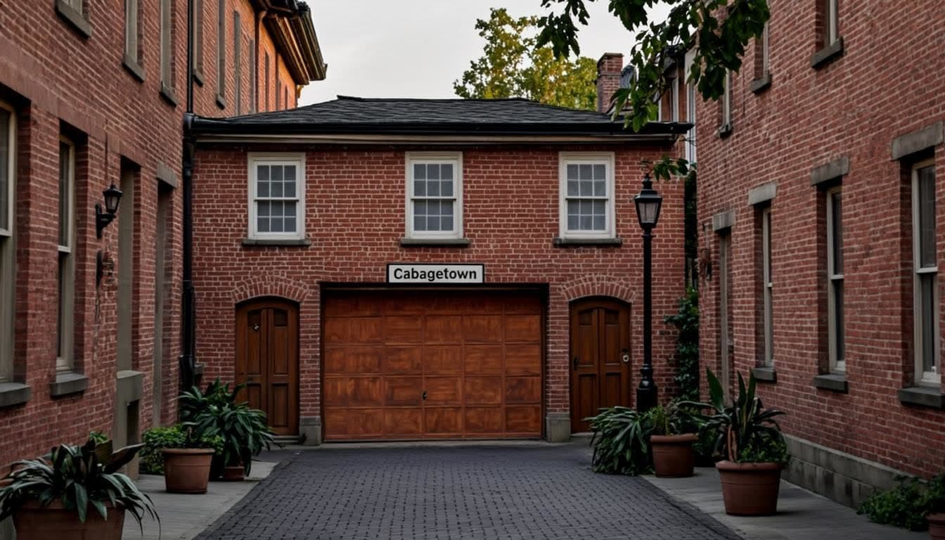 Laneway garage with a wooden carriage door behind downtown Toronto Victorian row houses
