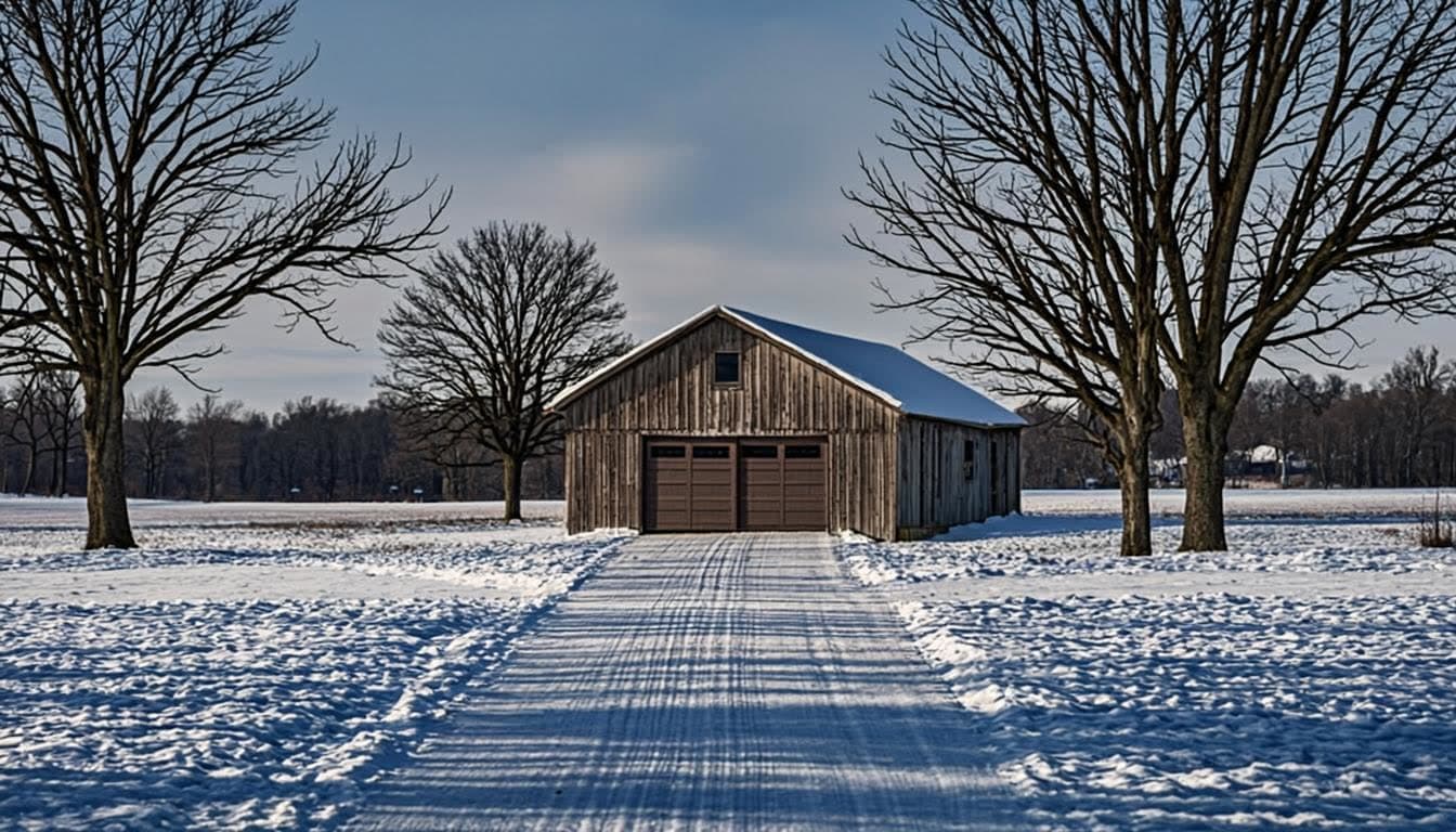 Rural York Region estate property with a detached garage and snow-dusted laneway
