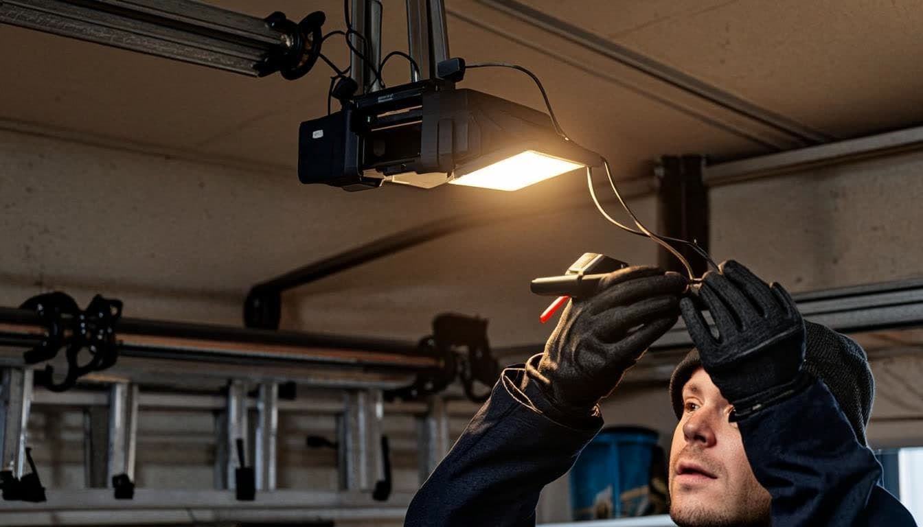 Technician servicing a garage door opener motor and rail above a residential garage door