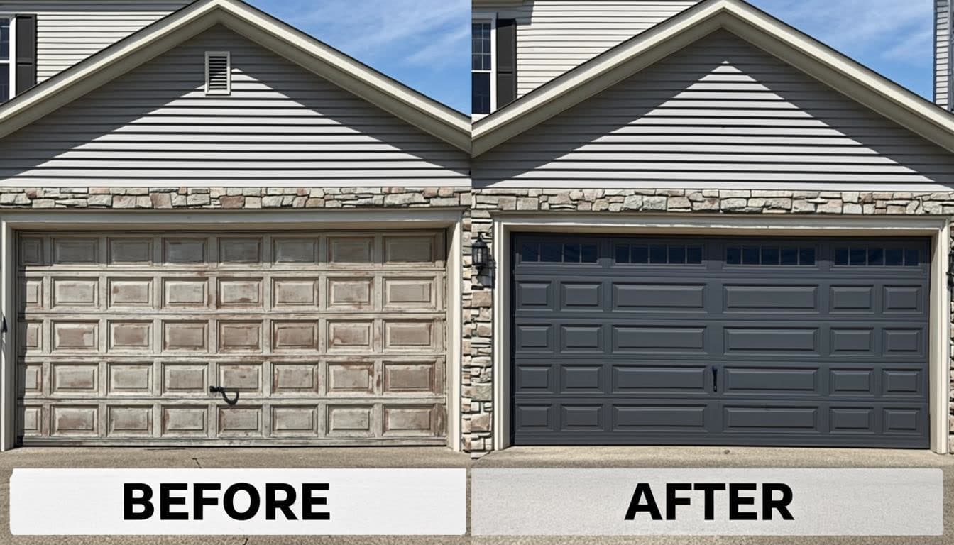An old damaged garage door and a newly installed replacement door side by side