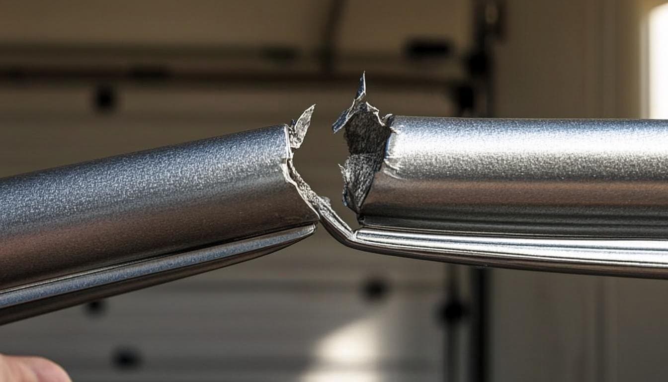 A garage door torsion spring snapped clean through, with a visible gap between the broken coils